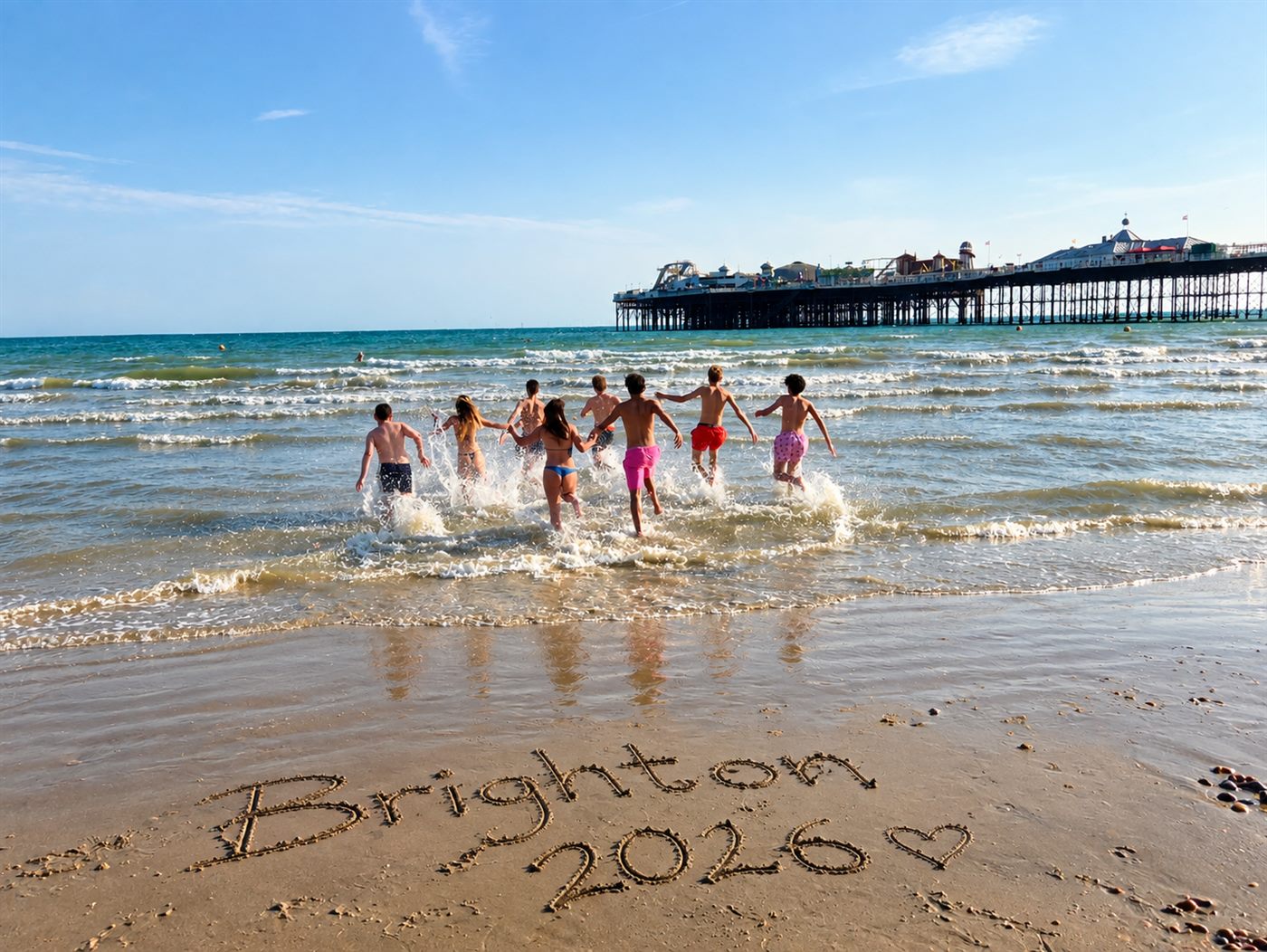 Gruppo di ragazzi che corrono verso il mare sulla spiaggia di Brighton, con la scritta "Brighton 2026" disegnata sulla sabbia